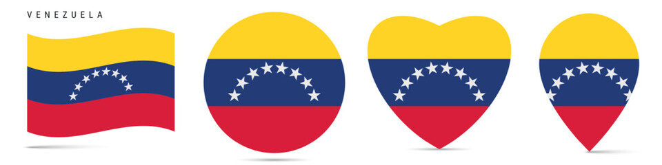 Venezuela waving flag, round circle sticker badge, heart shaped icon, map pin. Venezuelan flag buttons of different shapes. Vector illustration isolated on white.