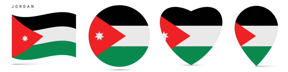 Jordan waving flag, round circle sticker badge, heart shaped icon, map pin. Hashemite Kingdom of Jordan flag buttons of different shapes. Vector illustration isolated on white.