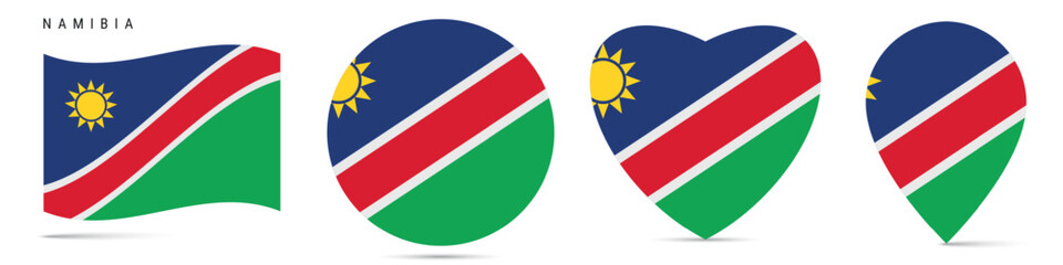 Namibia waving flag, round circle sticker badge, heart shaped icon, map pin. Namibian flag buttons of different shapes. Vector illustration isolated on white.