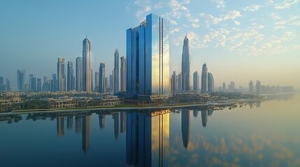 Fototapeta premium Modern Skyscrapers Reflecting on Calm Water at Sunrise in Dubai
