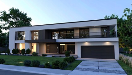 Modern Cube Home Sleek Design with Lush Lawn, and Evening Glow.