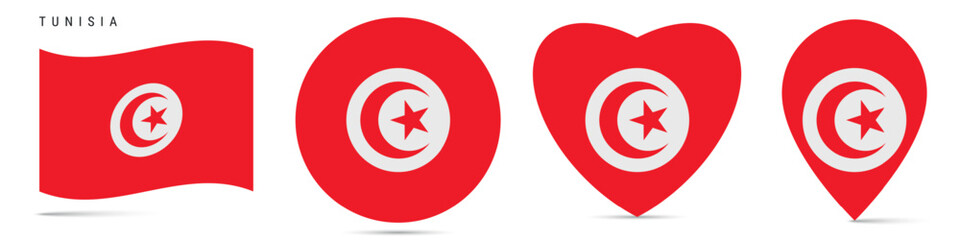 Tunisia waving flag, round circle sticker badge, heart shaped icon, map pin. Tunisian flag buttons of different shapes. Vector illustration isolated on white.
