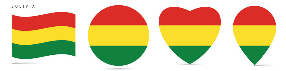 Bolivia waving flag, round circle sticker badge, heart shaped icon, map pin. Bolivian flag buttons of different shapes. Vector illustration isolated on white.