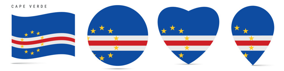 Fototapeta premium Cape Verde waving flag, round circle sticker badge, heart shaped icon, map pin. Cabo Verde flag buttons of different shapes. Vector illustration isolated on white.