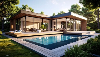 Fototapeta premium Modern Villa Oasis Poolside Luxury in a Lush Garden Setting.
