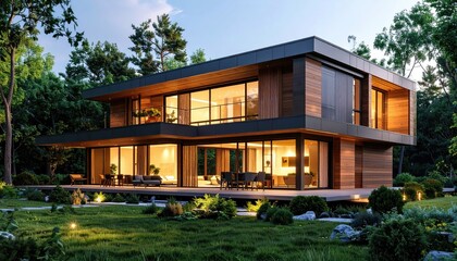 Fototapeta premium Modern home elegance Forest hideaway glows at twilight.
