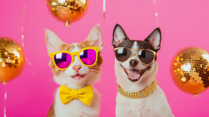 Fototapeta premium Smiling dog and cat wearing sunglasses and bow decoration fashion outfits on disco ball shiny playful colorful backgorund. advertising festival christmas new year celebrate party retro pink poster