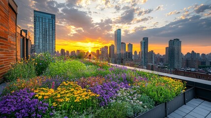 Fototapeta premium Colorful Rooftop Garden with Sunset Over Cityscape and Skyscrapers