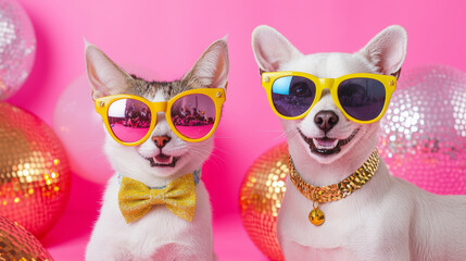 Fototapeta premium Smiling dog and cat wearing sunglasses and bow decoration fashion outfits on disco ball shiny playful colorful backgorund. advertising festival christmas new year celebrate party retro pink poster