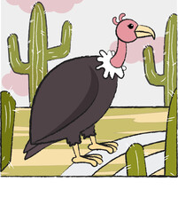Vector image of a cartoon vulture. A simple flat image in the style of a child's drawing. An angry scavenger bird in the desert against a cactus background.
