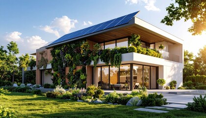 Fototapeta premium EcoLuxury Home Solar Panels with Vertical Garden, and Green Living Dream.