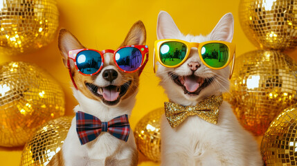 Smiling dog and cat wear sunglasses and bow decoration fashion outfits on disco shiny colorful backgorund. festival christmas new year celebrate party retro golden rich finance wealth poster