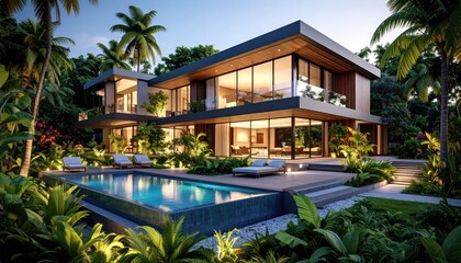 Fototapeta premium Tropical Modern Oasis Luxury Villa with Pool and Palm Trees at Sunset.