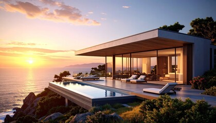 Fototapeta premium Coastal Dream Modern Villa with Infinity Pool, and Sunset Ocean View.
