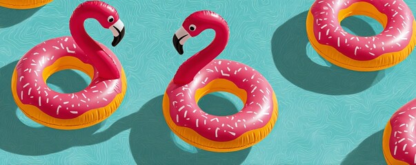 Donut Flamingo Floaties: Two inflatable flamingo pool floats shaped like donuts on a turquoise pool background, casting playful shadows.  