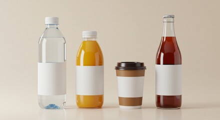 Mockup set of water bottle, juice bottle, coffee cup, and glass bottle with blank labels. Modern branding scene with clean layout and soft lighting.