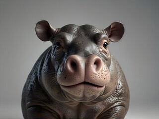 Close up of a hippopotamus head with its large nose, small ears, and wrinkled skin, set against a neutral background. The image highlights the animals distinctive features.