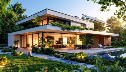 Fototapeta premium Modern Dream Home Luxury Villa with Solar Panels at Sunset.