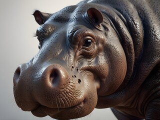 Close up of a hippopotamus head, showcasing its wrinkled skin, small ears, and nostrils. The animals eye and part of its body are also visible.