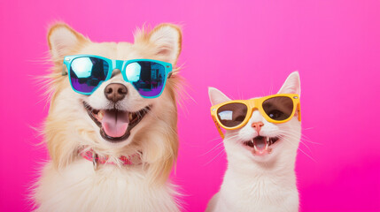 Fototapeta premium Smiling dog and cat wearing sunglasses and decoration fashion outfits on disco shiny playful colorful backgorund. advertising vr festival christmas new year celebrate party retro pink tech poster
