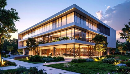Obraz premium Modern Office Glow Sustainable Architecture at Dusk.