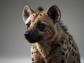 Close up of a spotted hyena with mottled fur and dark muzzle, looking to the side against a neutral background. Wildlife portrait of an African predator.