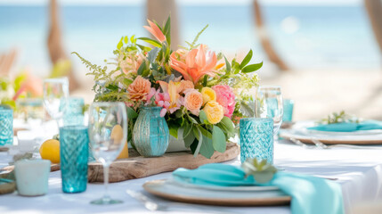 Coastal inspired centerpiece with aqua accents for elegant beachside tablescape design