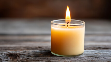 Tranquil candle flame flickering on rustic wooden surface for relaxation and meditation