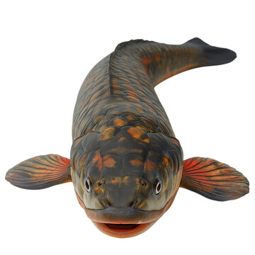 Front view of an arapaima fish isolated on a solid white background, detailed freshwater giant with elongated body and distinctive scales, realistic aquatic wildlife stock photograph