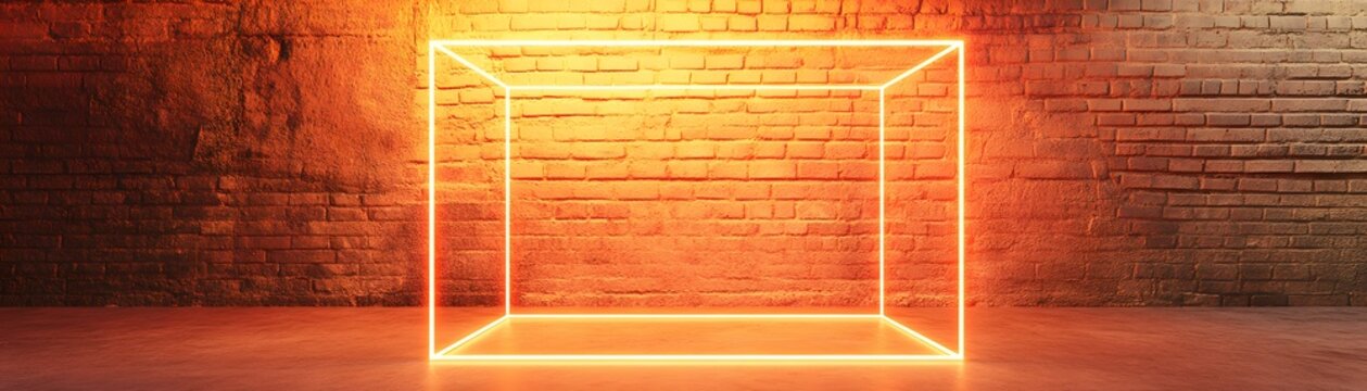 Neon light cube in a brick-walled room.