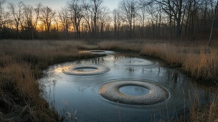 A tranquil blue reflection of trees creates an eye in the water, mirroring the eye in the green grass and the eye of the autumn tree in the natural landscape