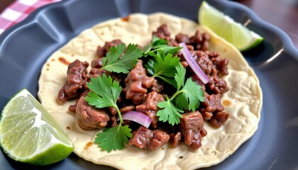 this is an enticing image of a delicious taco topped with beef, cilantro, lime, and sliced jalape&ntilde;os