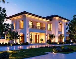 Fototapeta premium Grand Estate Luxurious Home at Dusk Elegant living.