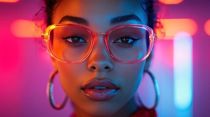 Close-up portrait of a woman in vibrant lighting