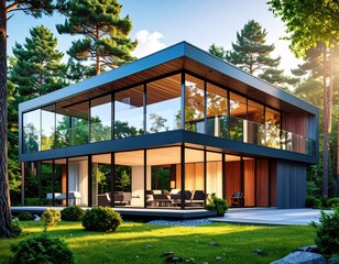 Obraz premium Modern Glass House in Forest Sunlight with Luxury Home, and Architecture Design.