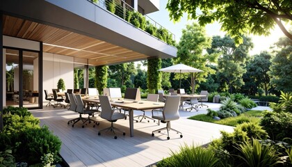 Fototapeta premium Outdoor Office Green Workspace Oasis with Inspiring Nature Productivity.