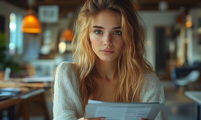 Young woman holding papers in a casual setting