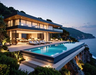 Obraz premium Cliffside Villa Infinity Pool Oasis Overlooking the Ocean at Dusk.