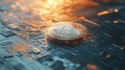Cryptocurrency coin resting on a high-tech circuit board in a futuristic setting