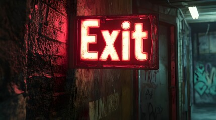 A brilliantly glowing exit sign mounted above a dark hallway entrance.

