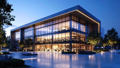Obraz premium Modern office building glows at twilight with workspace illuminated.