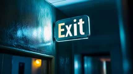 A close-up of a bright exit sign above a doorway in a dimly lit hallway.
