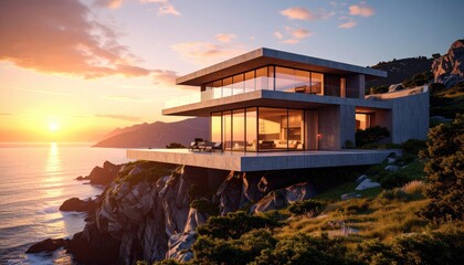Fototapeta premium Cliffside Dream Home Modern Luxury Meets Coastal Sunset Serenity.