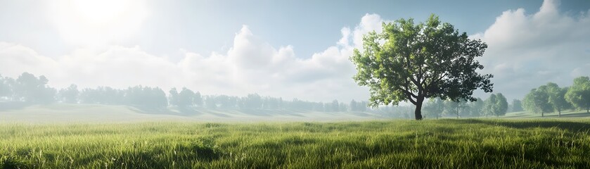 Fototapeta premium Tranquil meadow landscape bathed in morning mist.