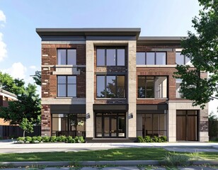 Brick Townhouse Facade Modern Urban Living with Lush Greenery.