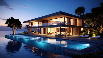 Fototapeta premium Waterfront Modern Villa with Infinity Pool at Dusk.