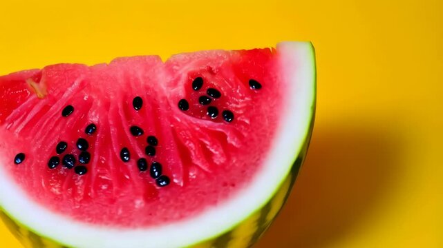 Close up of a triangular watermelon slice with black seeds against a bright yellow background, healthy eating concept, organic freshness, ripe fruit.