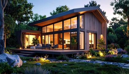 Fototapeta premium Modern Cabin Retreat Glass Walls with Wood Exterior, and Forest Setting at Dusk.