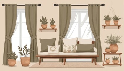 Collection of rustic home decor elements in vector