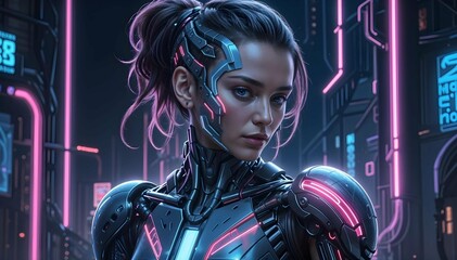 A women robot with neon lights on the body, in a dark background with neon illustrations 